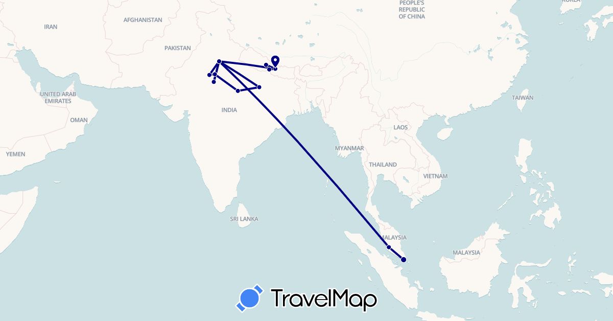 TravelMap itinerary: driving in India, Malaysia, Nepal, Singapore (Asia)